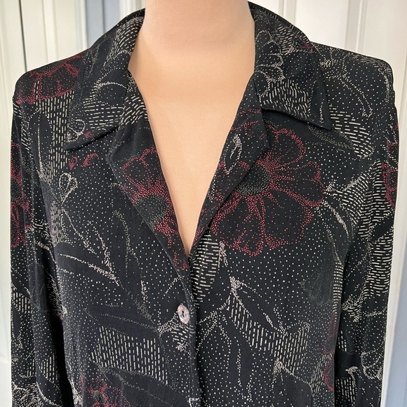 Vintage Softwear by Mark Singer Black Floral Slinky Knit Button Up Shirt Retro - Picture 2 of 9